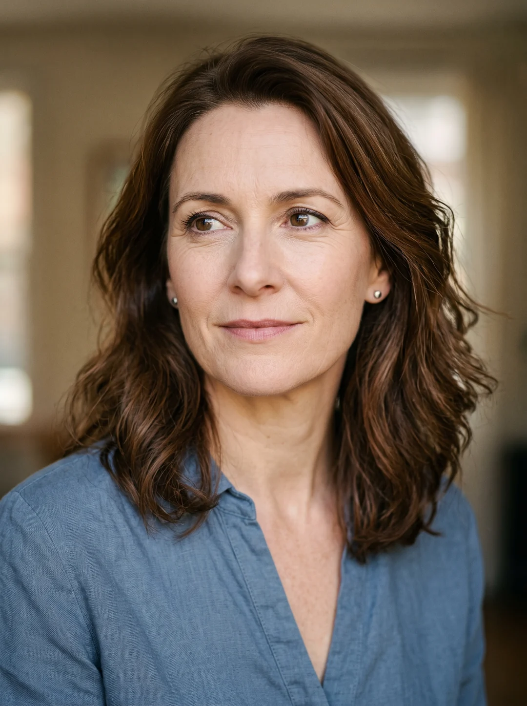 Fictional screen portrayal of Amy Matthews, with shoulder-length brown hair and a blue blouse