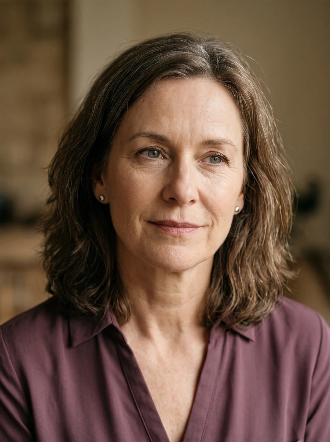 Fictional screen portrayal of Darla Pemberton, with shoulder-length brown hair and a plum blouse