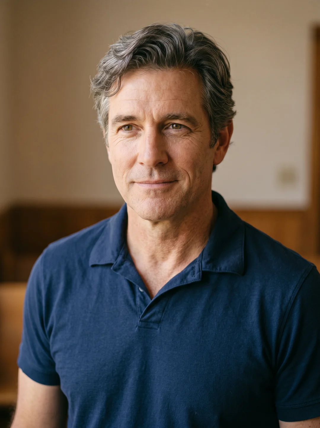 Fictional screen portrayal of Mike Matthews, gray-haired and wearing a navy polo shirt