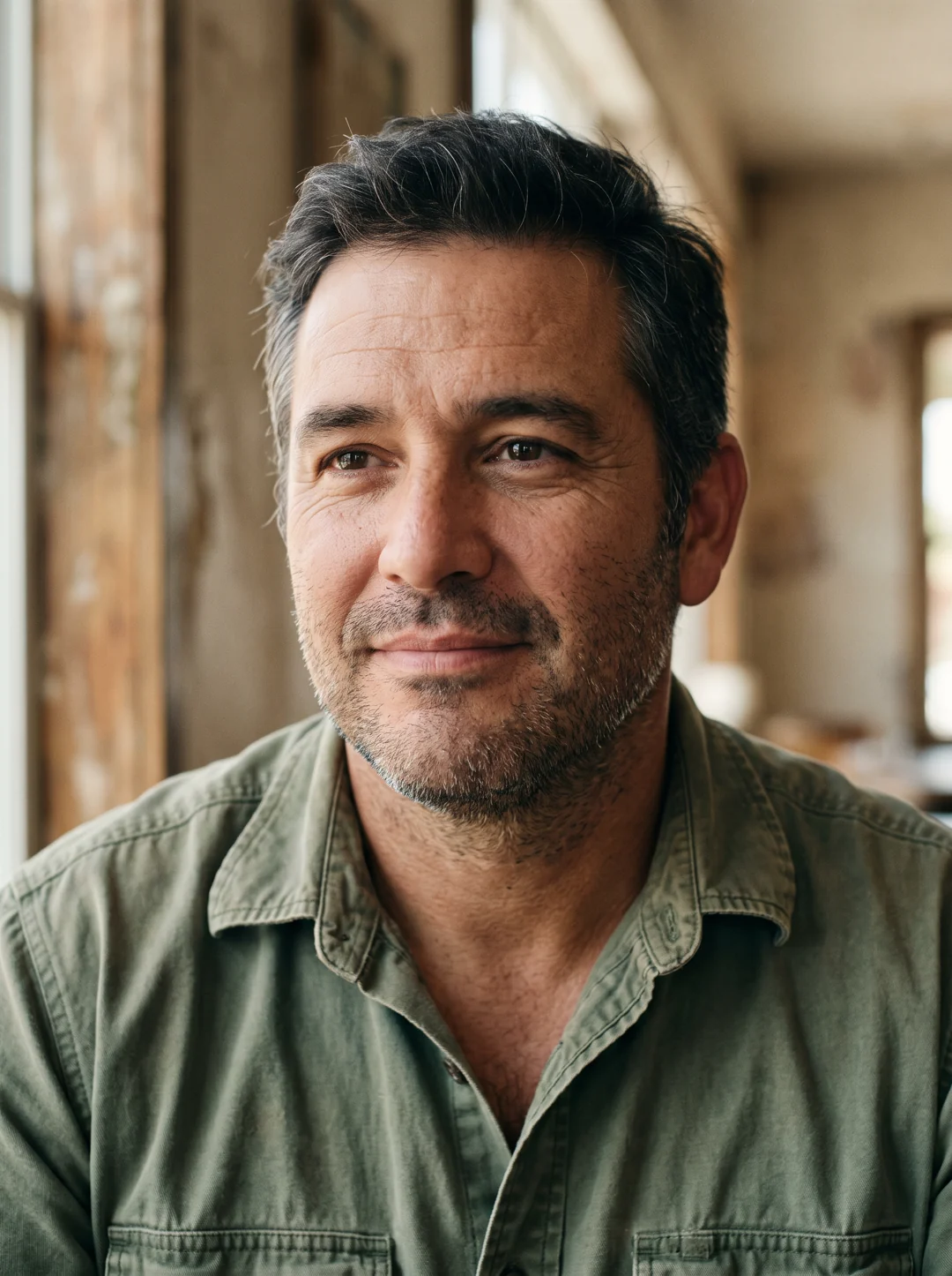 Fictional screen portrayal of Nate Vasquez, dark-haired with stubble and an olive shirt
